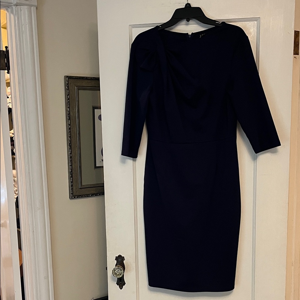 Navy Career Dress w Neckline Ruffle